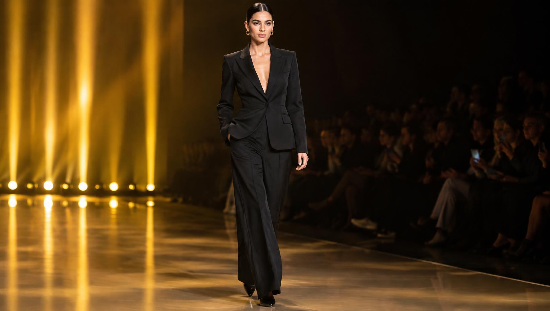 Model walking a gold-lit runway